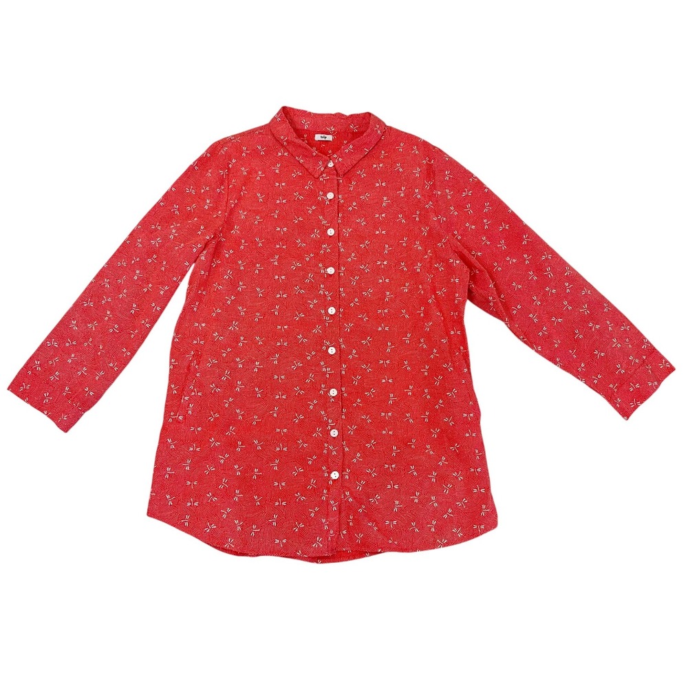 Tulip Red Dragonfly Print Cotton Button Down Tunic Shirt XL Pockets Long Sleeve